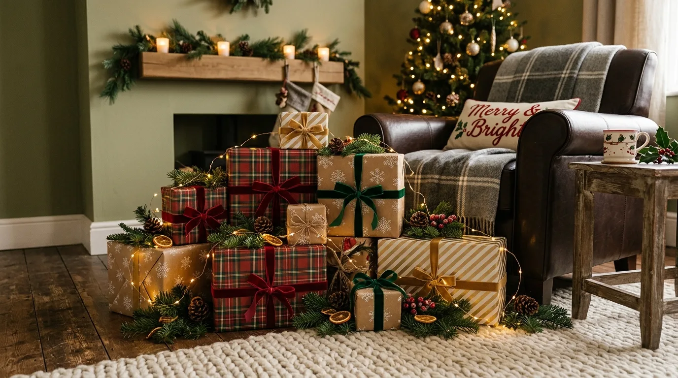 Use natural textures to ground the decor inspiration for an indoor Christmas setting.
